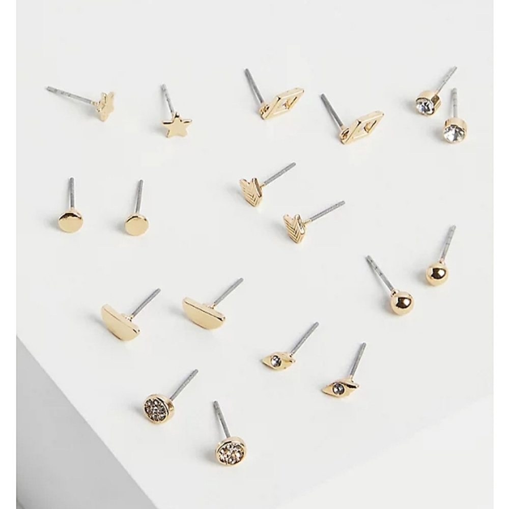 NWTs Torrid 9 Pairs! Geometric Stud Set Earrings Post Back Mix & Match Gold Tone